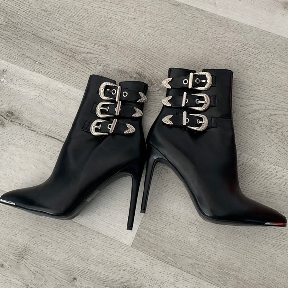 Azalea Wang Hamilton Leather buckles black Boots‎ moto size 10 high heels - Picture 2 of 16